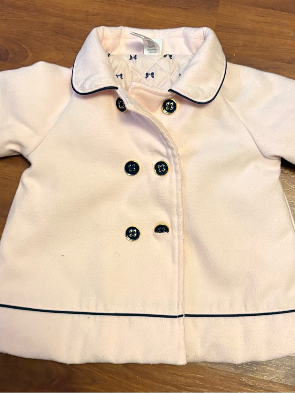 Little Me Pale Pink Double-Breasted Peacoat with Navy Trim
